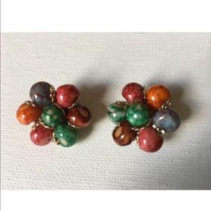 Multicolor bead clip on earrings 1950's Hong Kong